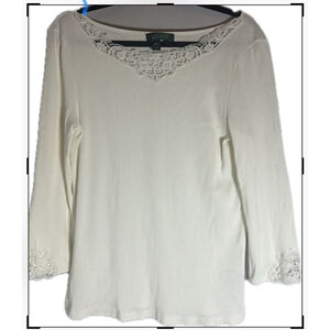 LAUREN Ralph Lauren Off-White Ribbed Lace Trim Long Sleeve Top Sz L women's